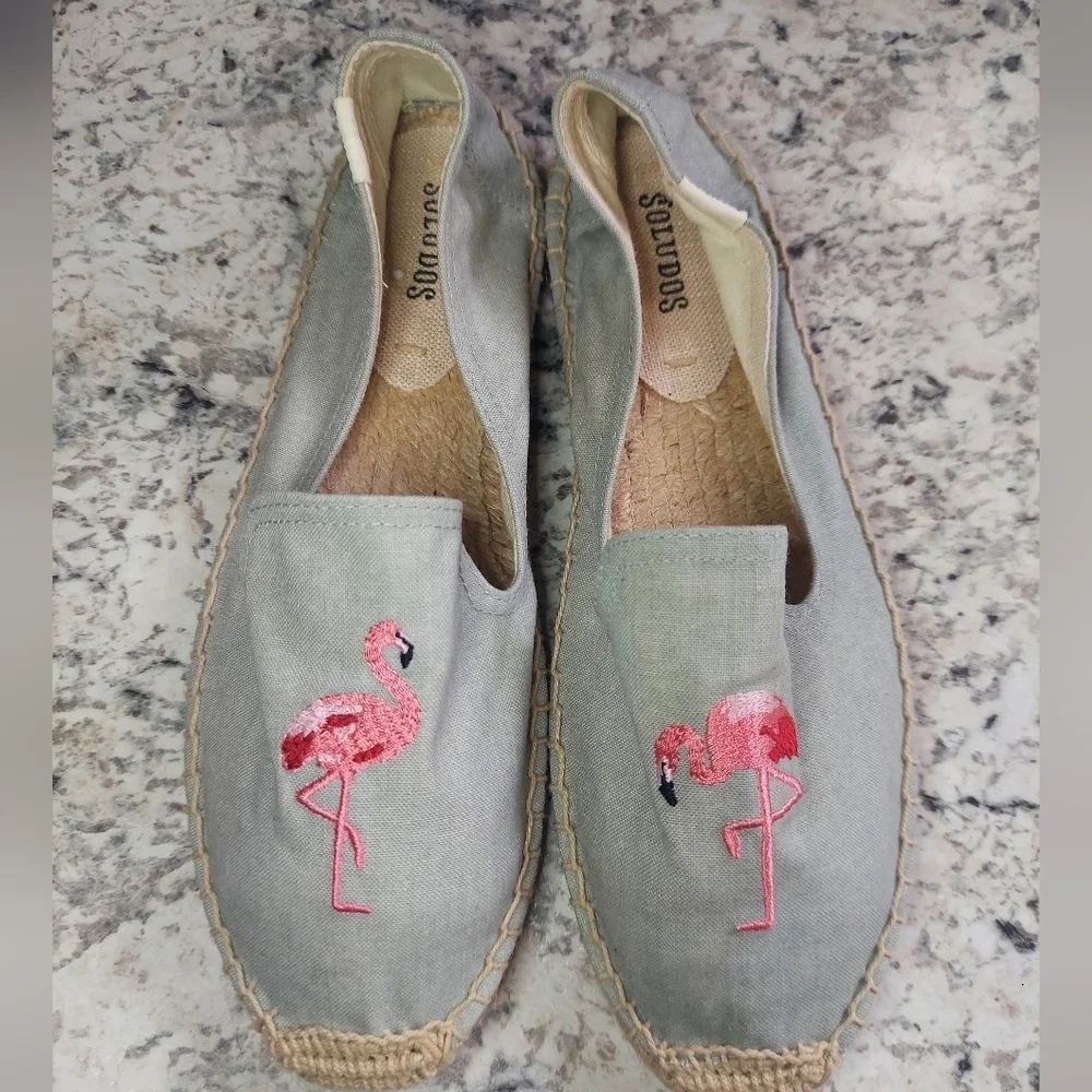 Soludos Gray Espadrilles with Pink Flamingo Embroidery